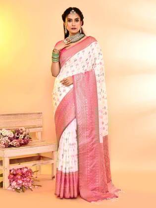 White Pure Soft Silk Woven Designed Banarasi Saree