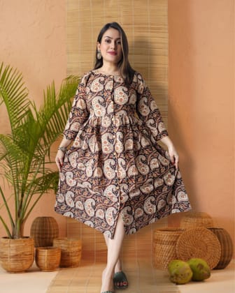 Nazakat Blockprinted Brown Cotton Long Dress-36 (S)