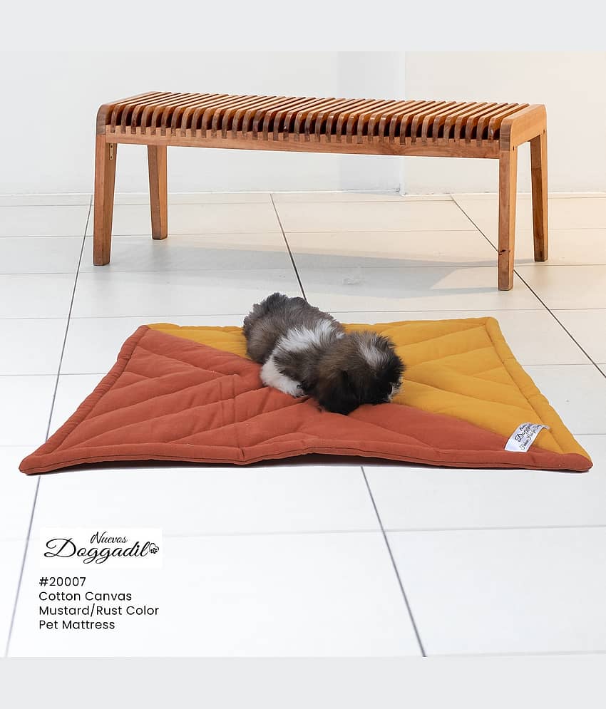 Cotton Canvas Quilted Rectangle Cat Dog Pet Bed Mattress | Foldable Padded Pet Mat | Light Weighted Mattress for Pet_  Rust/ Mustard