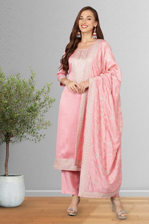 Pink Silk Blend Ethnic Motifs Straight Suit Set PKSKD1895