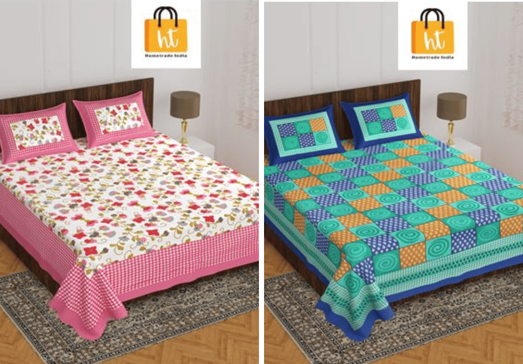 2201-Hometrade India- Standard Double Size (90*100 in )-Combo Jaipuri Double bedsheet With Matching Pillow Cover