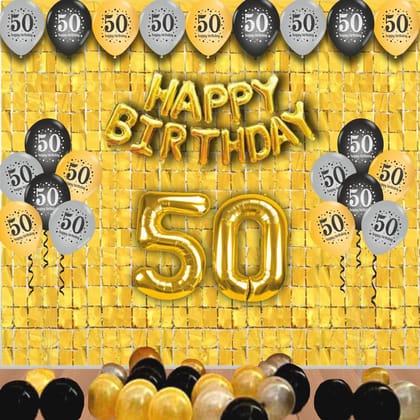 The Magic Balloons- Happy 50th Birthday decoration kit combo- 46 pcs Black Gold & silver 30 pcs rubber balloons, Happy Birthday foil banner, 2pcs Golden foil Curtain