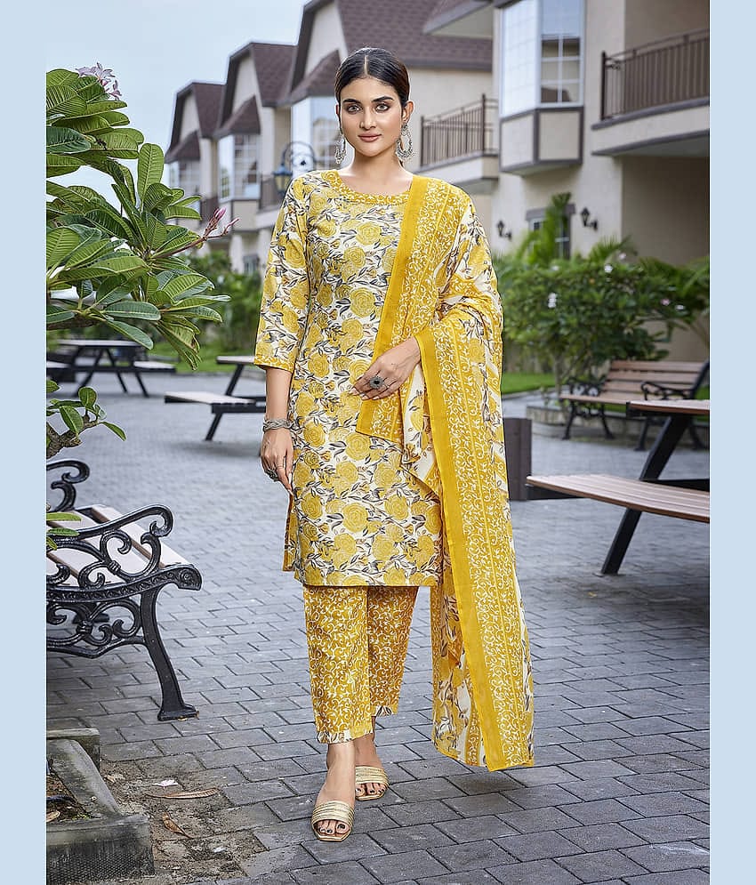 Royal Export Cotton Blend Printed Kurti With Pants Women's Stitched Salwar Suit - Yellow ( Pack of 1 )
