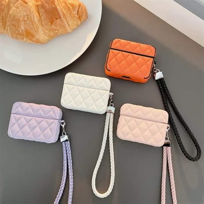 Leather Square Design Airpod Case With Holder Charm-Airpod (1st Gen / 2nd Gen) / White