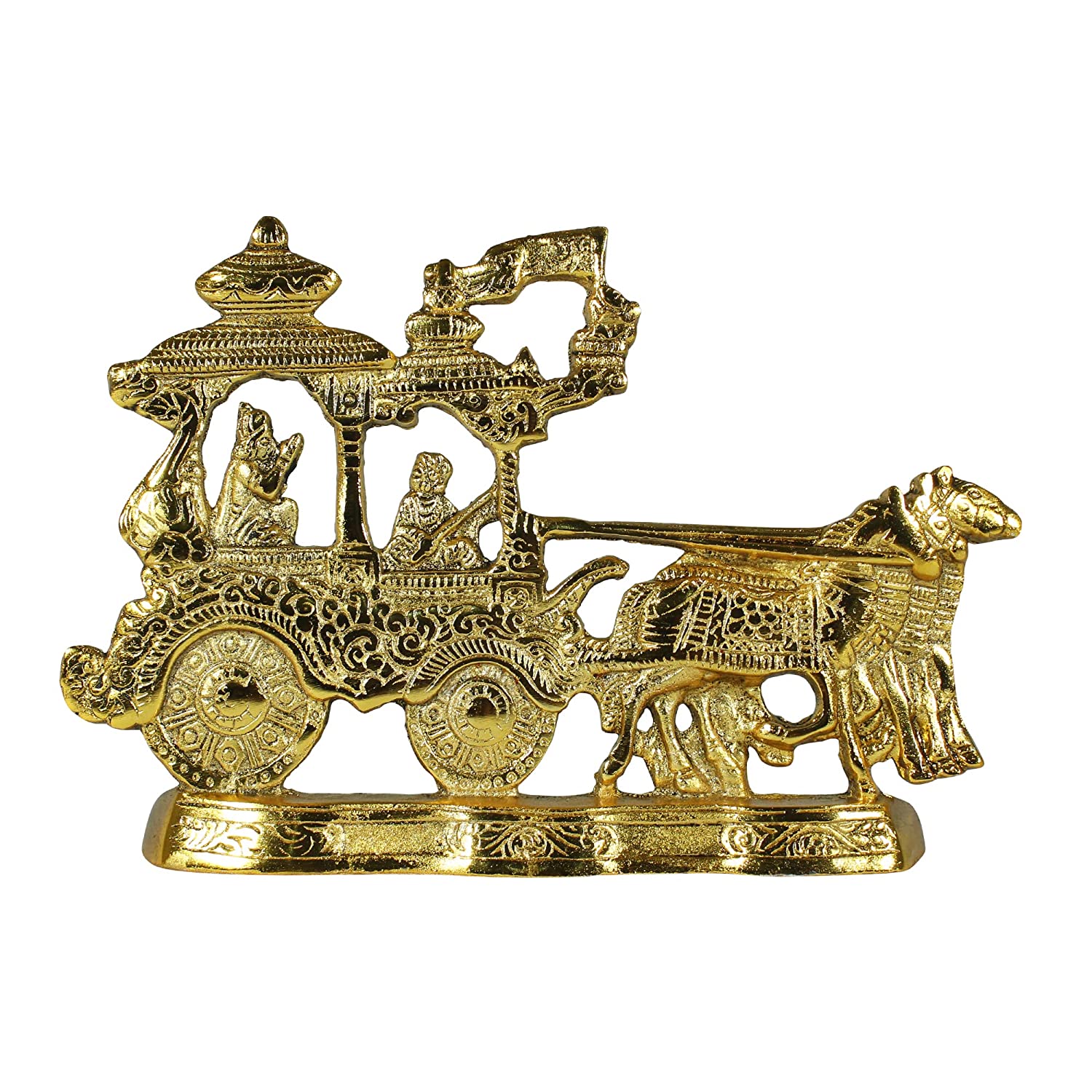 Dreamkraft White Metal Gold Plated Antique Arjun and Shree Krishna Rath Chariot Horses Showpiece (Golden - 19 x 2 x 23 cm )
