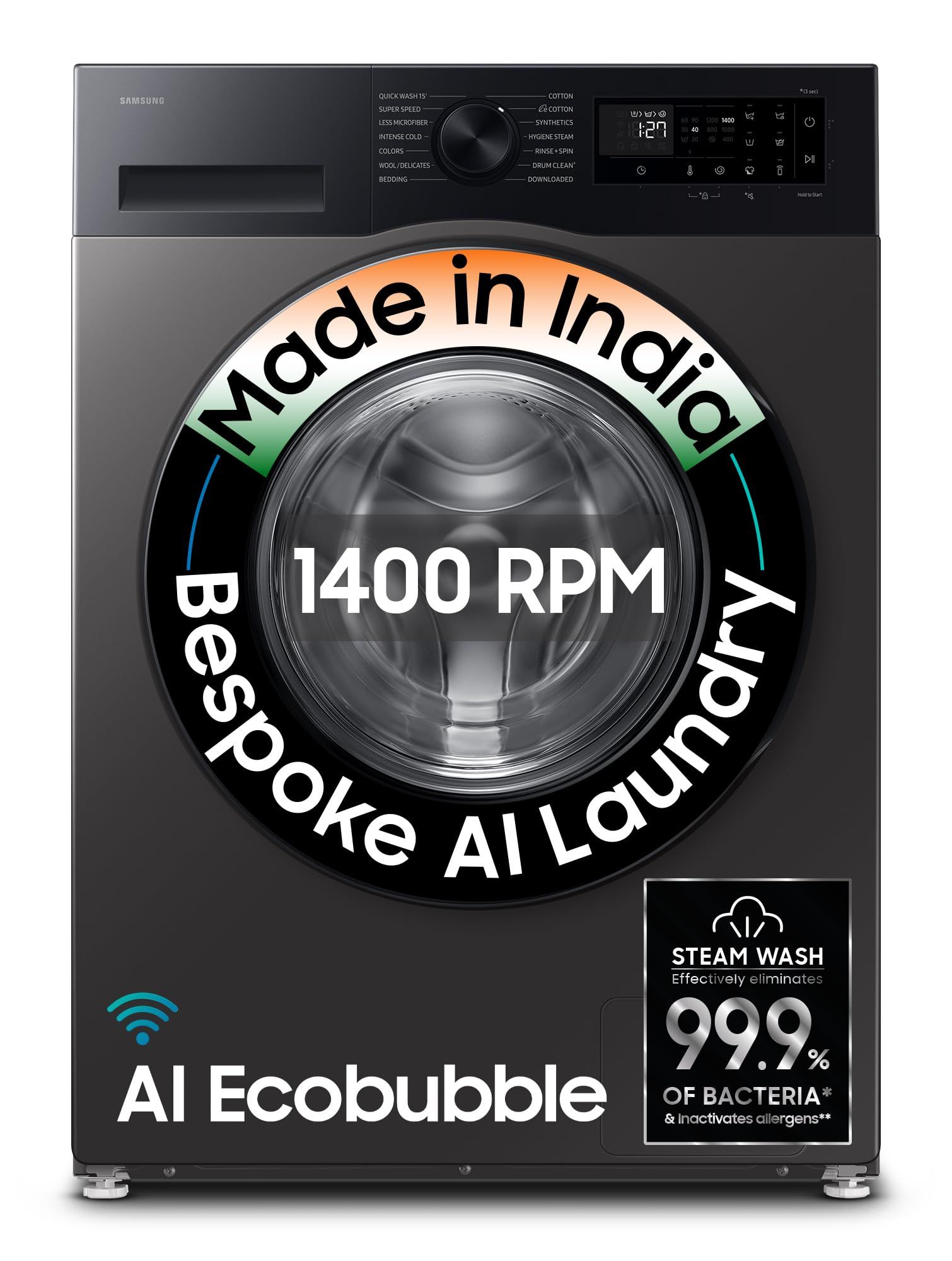 Samsung 9 kg, 5 star, AI EcoBubble, Super Speed, Wi-Fi, Hygiene Steam with Inbuilt Heater, Digital Inverter, Fully-Automatic Front Load Washing Machine (WW90DG5U24AXTL, Inox) Samsung 9 kg, 5 star, AI EcoBubble, Super Speed, Wi-Fi, Hygiene Steam with Inbu