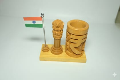 Icrafts Home Décor Exclusive Handmade Wooden Pen Stand – Single Piece (L: 11.43 cm × B: 11.43 cm × H: 13.97 cm, Weight: 235 g)