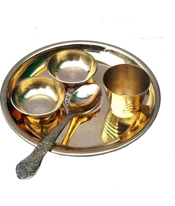 Brass Pooja Bhog Thali Set with 2 Katori, 1 Glass, 1 Spoon (10 cm)