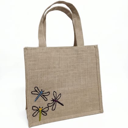 HAND EMBROIDERED DRAGONFLY JUTE TOTE BAG