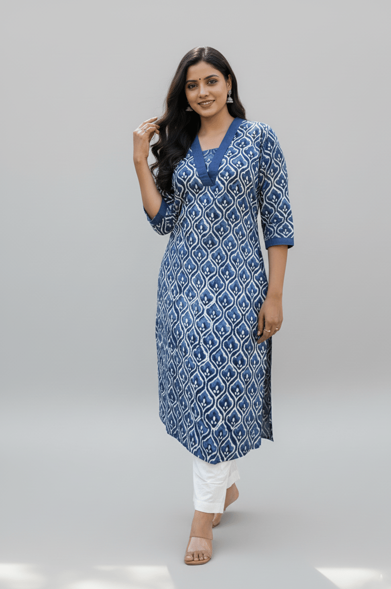 Rivaaj Ethnic Lyla Bagru Kurta (Size M) | Blue Cotton Straight Fit | Daily & Office Wear | V Neck 3/4 Sleeves