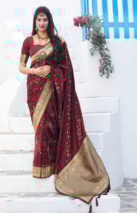 Dark Maroon Banarasi Satin Silk Woven Saree