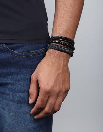 Black Leather Trio Bracelet-Black