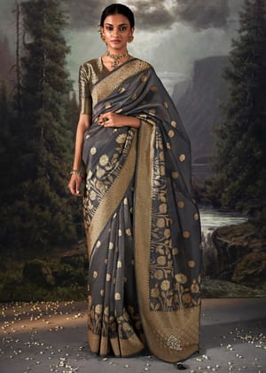 Classic Gold and Grey Woven Banarasi Organza Silk Saree