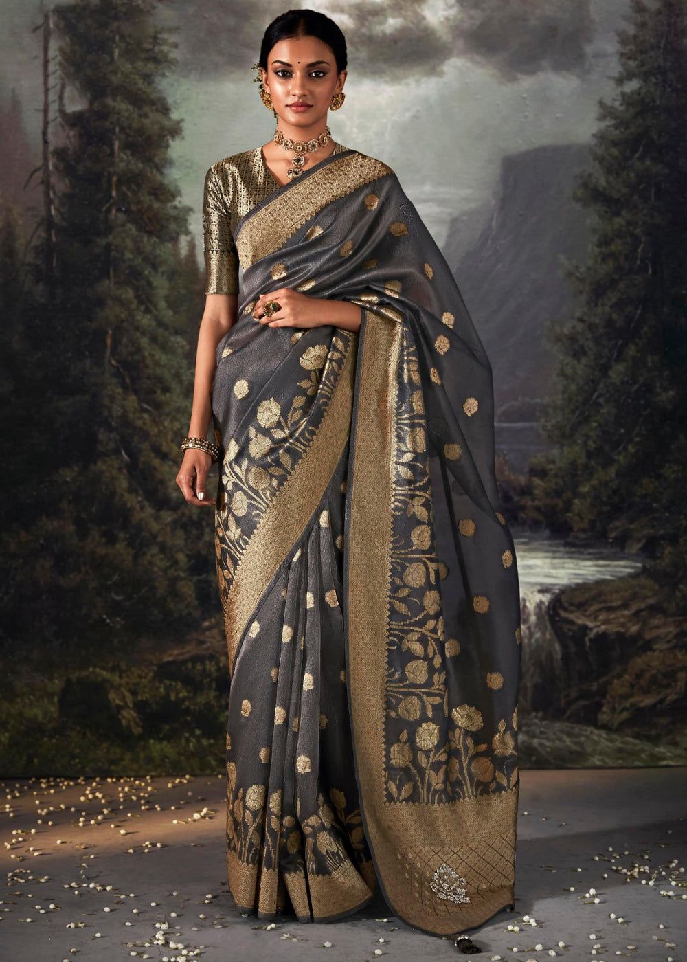 Classic Gold and Grey Woven Banarasi Organza Silk Saree