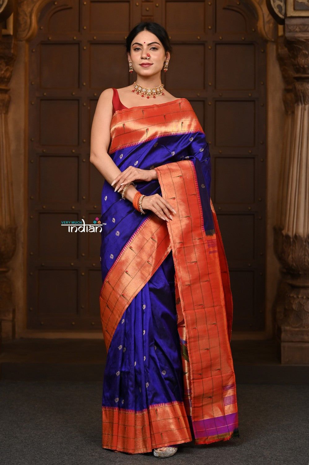 Paramapara ~ Premium! Handloom Pure Silk Triple Muniya Border with Parrot Pallu in Royal Blue