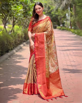 Nargis Ki Roshini Dharmavaram Silk Golden & Red Saree