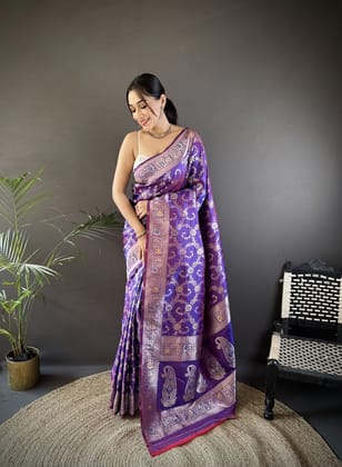 Purple Soft Silk Meenakari Zari Weaving Banarasi Saree