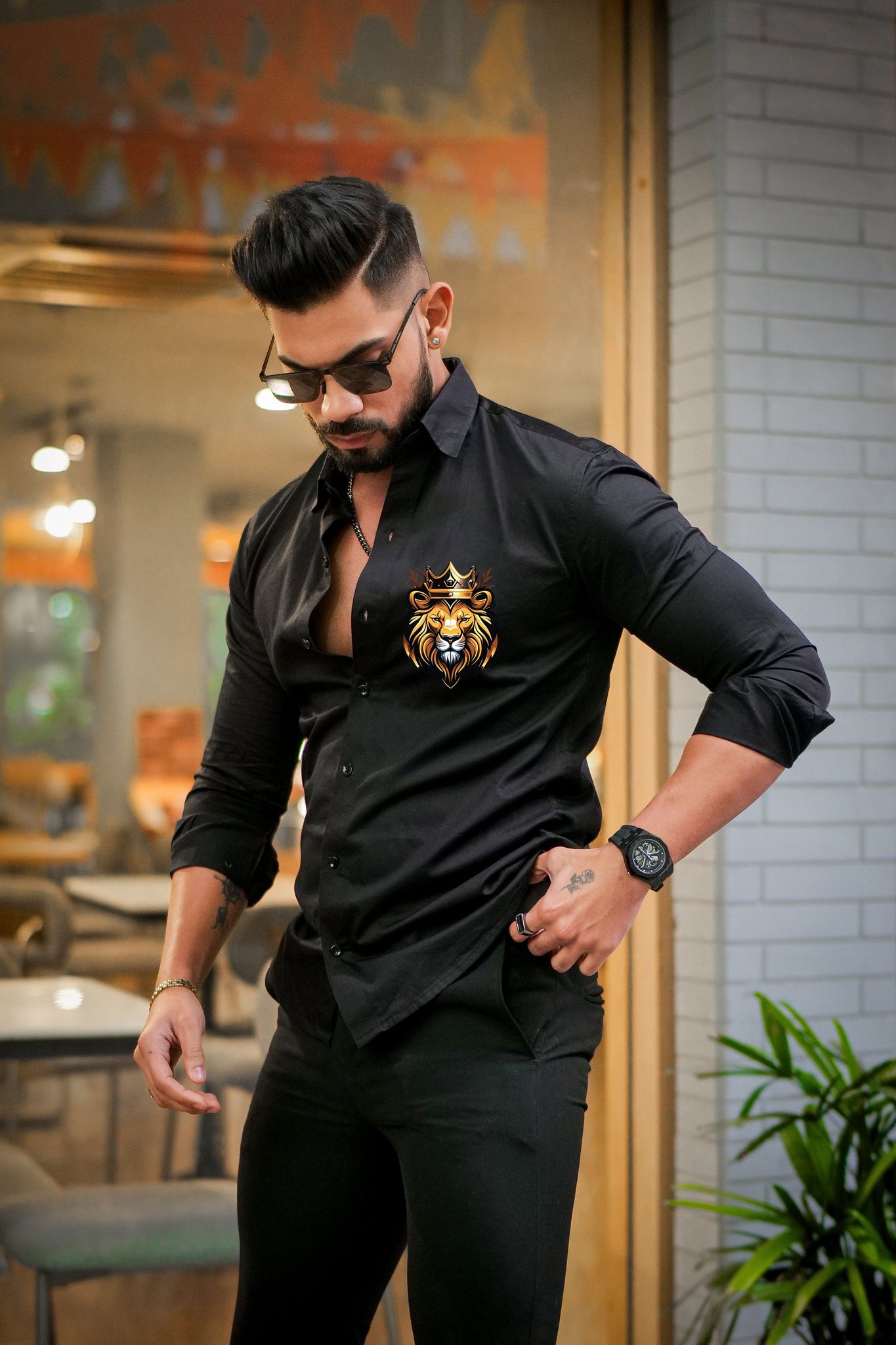 Black Club Wear KIng Lion Printed Satin Cotton Shirt