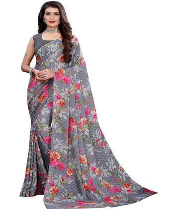 Kanooda Prints Georgette Printed Saree With Unstitched Blouse Piece ( Grey )