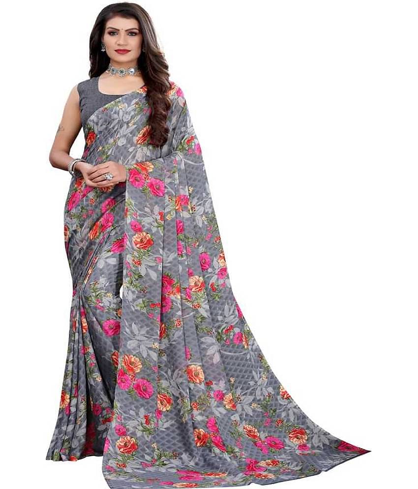 Kanooda Prints Georgette Printed Saree With Unstitched Blouse Piece ( Grey )