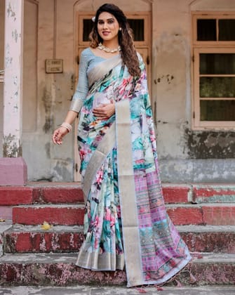 Graceful Floral Digital Print Saree with Gold Paisley Border and Multicolor Pallu-Regular