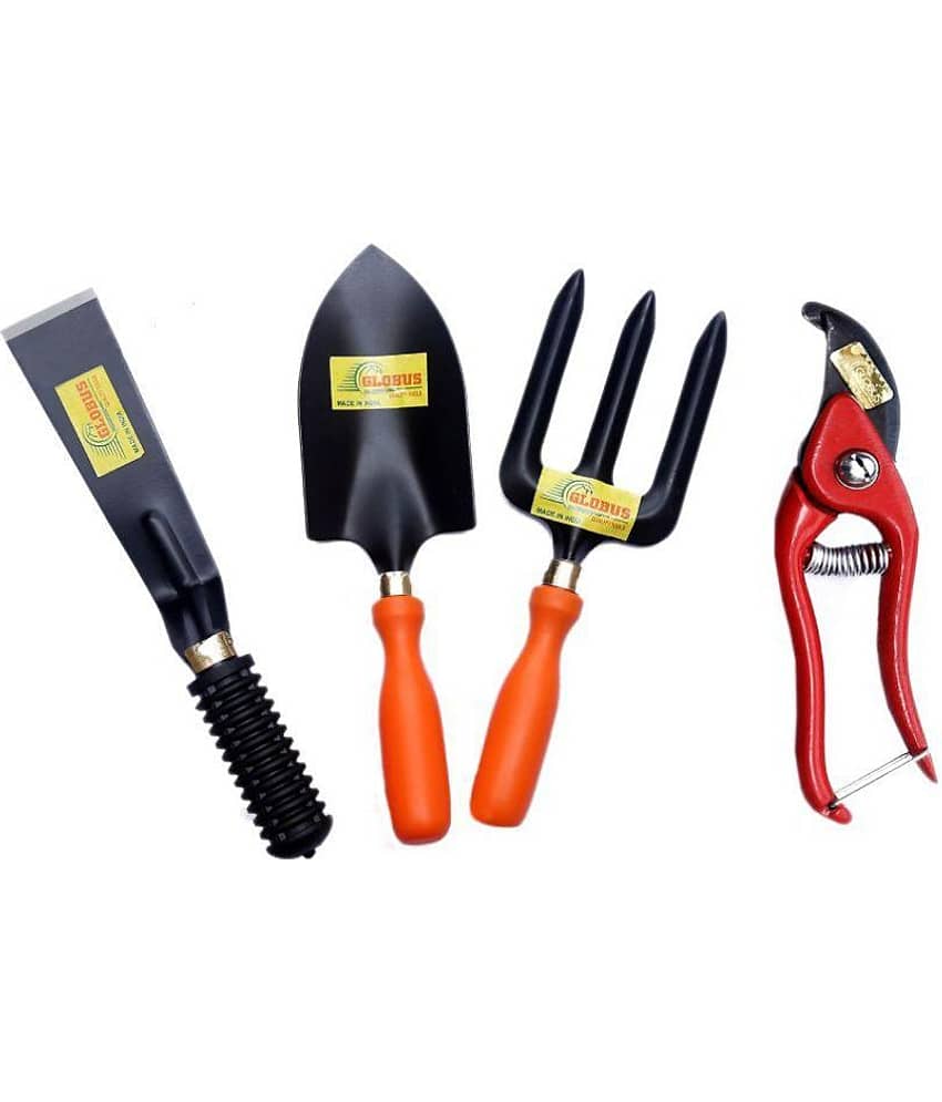 GLOBUS 109 Garden Tool Set /4 PCS (RED..Big Trowel, Weeder Fork, KHURPA 2", 8" Pruner Metal, RED)