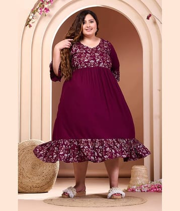 PrettyPlus by Desinoor.com Women Rayon Printed Fit & Flare Dress ( Wine )