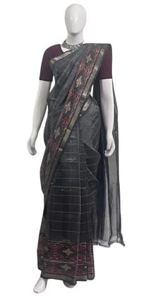 Mangalgiri Charcoal Grey Cotton Silk Saree Ikat Pallu