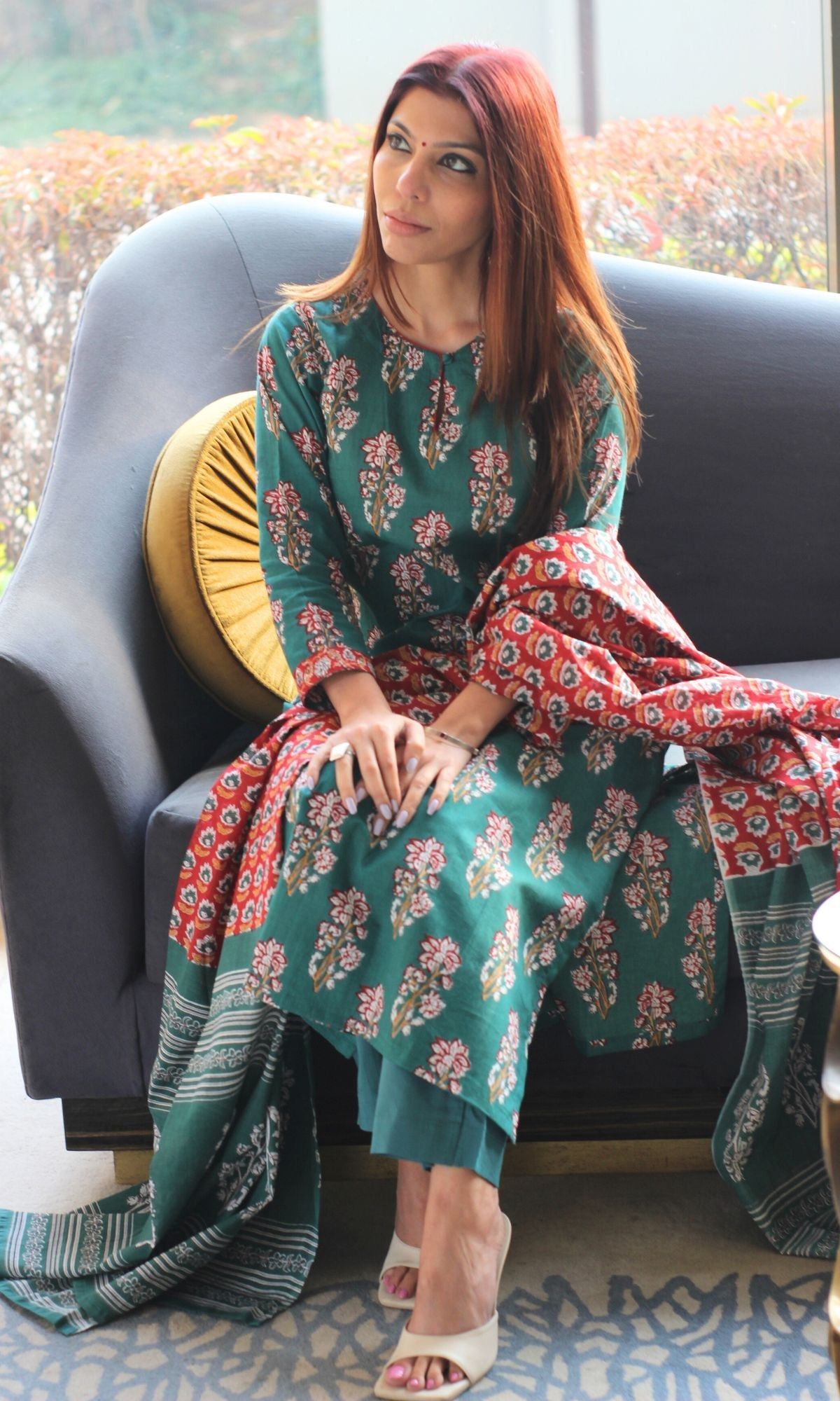 Cotton Sanganeri Print Green Suit Set with Printed Cotton Dupatta-XXS