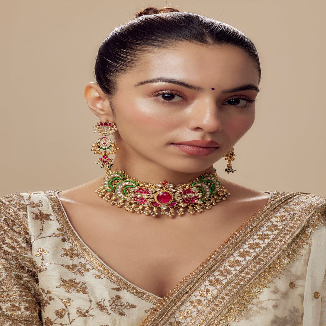 vivinia BY VIDHI MEHRA Morpankh Gold Plated Multi Womens Kundan, Polki Choker Necklace Set with Pair of Earrings (Freesize) - VN834