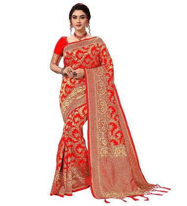 Women's Damask Pattern Jacquard Woven Banarasi Art Silk Saree with Unstitched Blouse Piece (Red, 5 - 6 Mtrs)