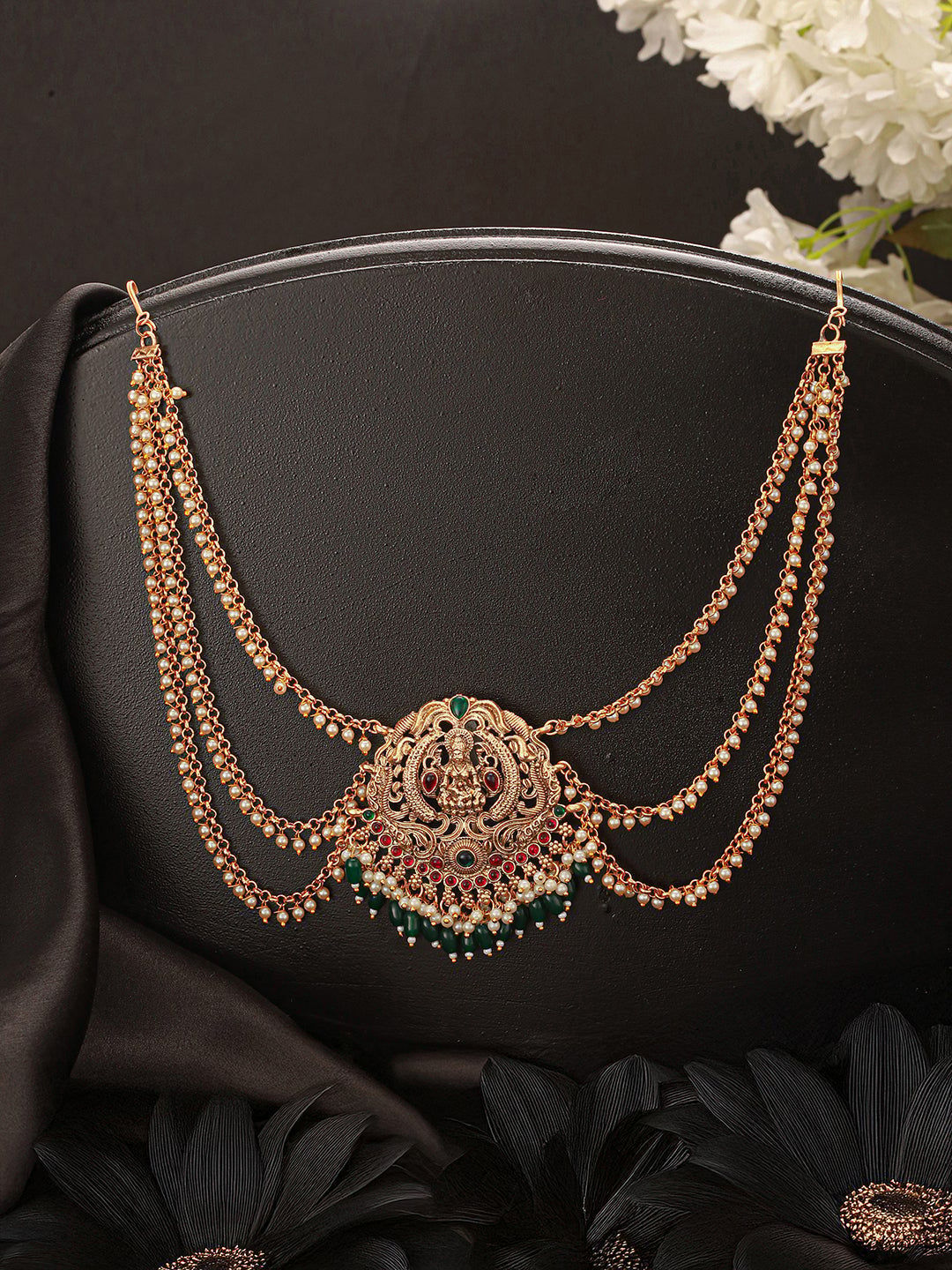 Gold Finish Red  Kempo Studded Goddess Lakshmi  Design Temple Jadai Billa Bridal Hair Braid Matha Patti