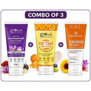 (Combo of 3) Morfair SPF 50 Sunscreen 50g & Globus De-Tan Face Scrub 50g & Globus Kumkumadi Face Cream 100g for All Skin Types