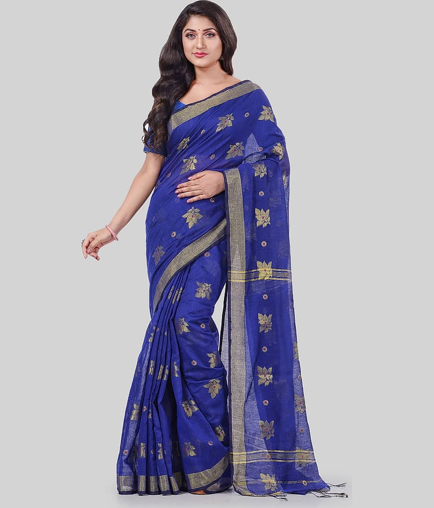 Desh Bidesh Cotton Blend Self Design Saree With Unstitched Blouse Piece ( Blue )