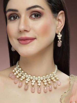 Gold Plated Pink Tumble and Pearl Studded Kundan Necklace Set-Free Size