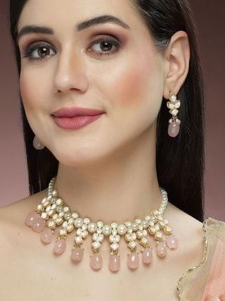 Gold Plated Pink Tumble and Pearl Studded Kundan Necklace Set-Free Size