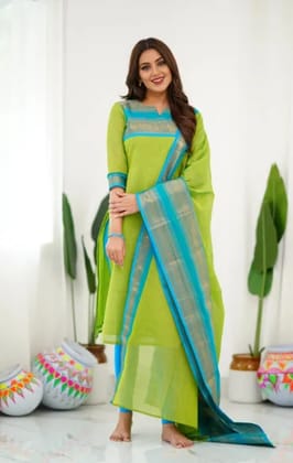 Women's Parrot Green Jauquard Worked Kurta With Pant And Duppata Set