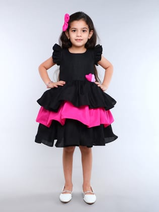 Colorblock Cotton Layered Dress with Matching Bow Clip -Black-1-2Y / Black