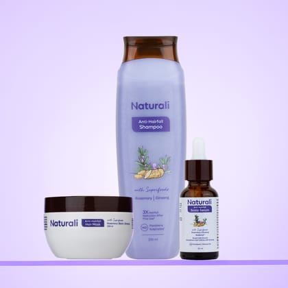 Naturali Rosemary Combo - Anti-Hairfall Shampoo + Anti-Hairfall Hair Mask + Anti-Hairfall Scalp Serum | With Rosemary, Ginseng, Redensyl & Biotin-370ml+200ml+30ml