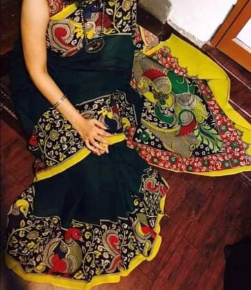 Black and Yellow Color Kalamkari Linen Digital Printed Sari 1205