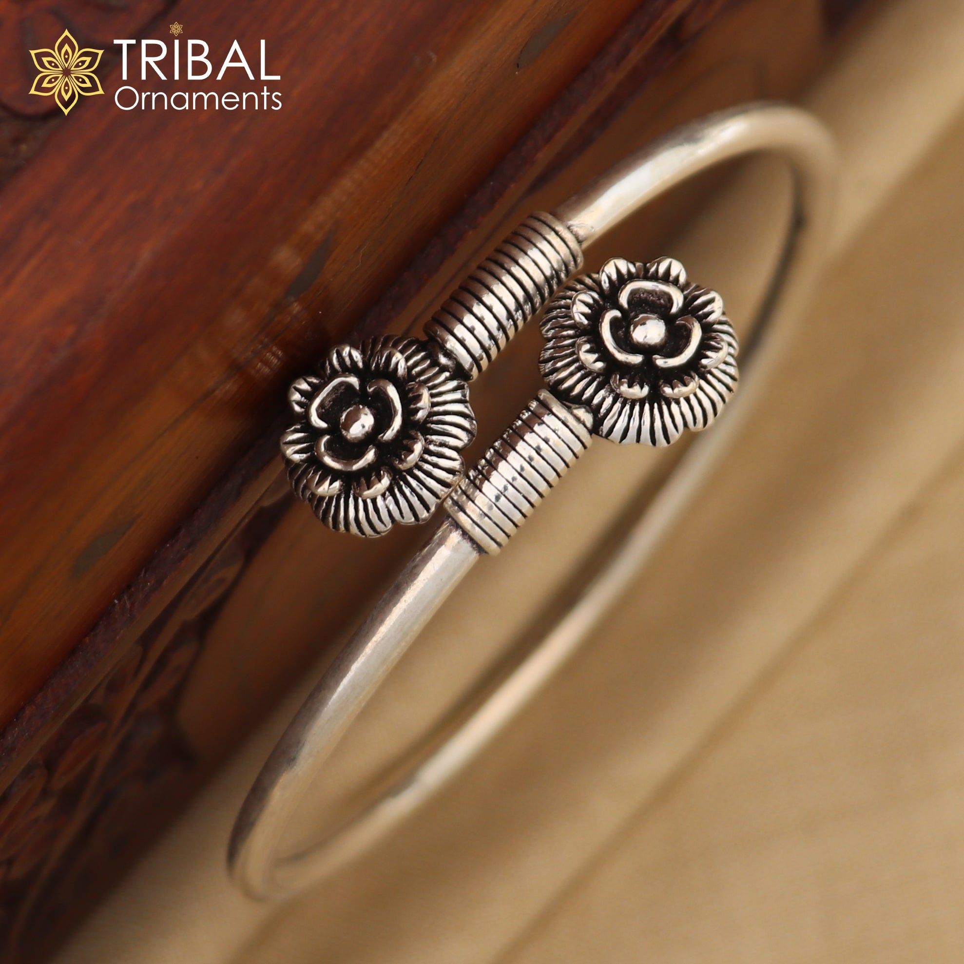 925 sterling silver double flower design stylish kada bangle bracelet tribal jewelry nsk880-2-6 or 2.375"inches
