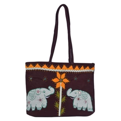 Banjara Handmade Elephant Design Handbag Brown With White Color Banjara Handmade Elephant Design Handbag Brown With White Color
