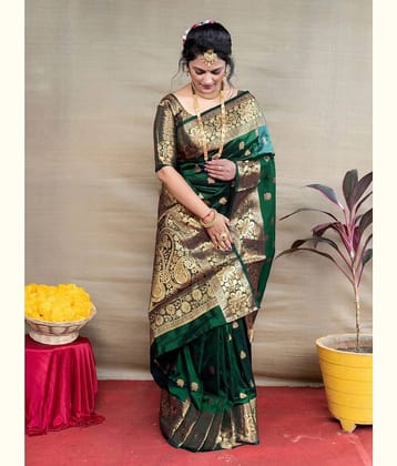 Gazal Fashions Banarasi Silk Woven Saree With Unstitched Blouse Piece ( Rama )