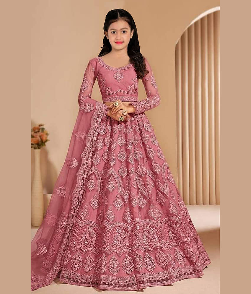 Keyura Net Lehenga Choli Set For Girls ( Pack of 1 , Peach )