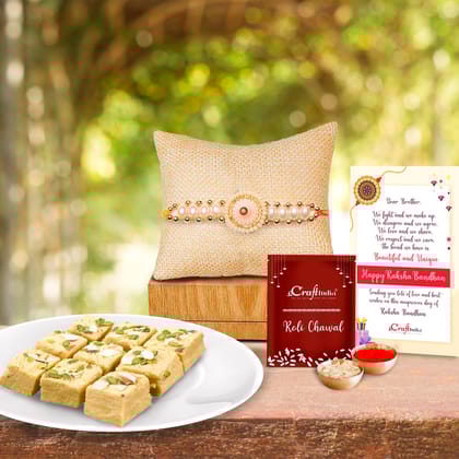 Designer Rakhi with Soan Papdi (500 Gm) and Roli Chawal Pack, Best Wishes Greeting Card