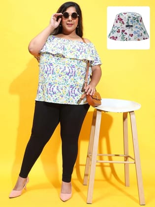 Floral Flair: Off-Shoulder Ruffle Top & Reversible Bucket Hat Set-2XL