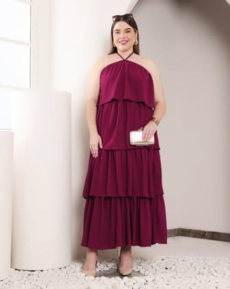 Purple Solid Layered Off Shoulder Dress-L / Purple