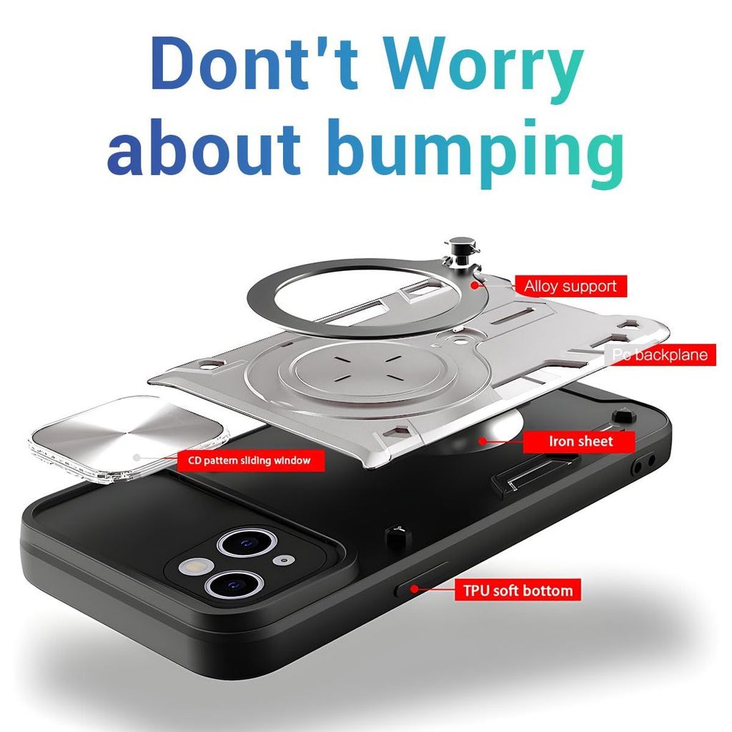 LIRAMARK Back Cover Case Compatible with iPhone 15 (6.1 inch) with Stand & Slider Camera Military Grade Drop Protection