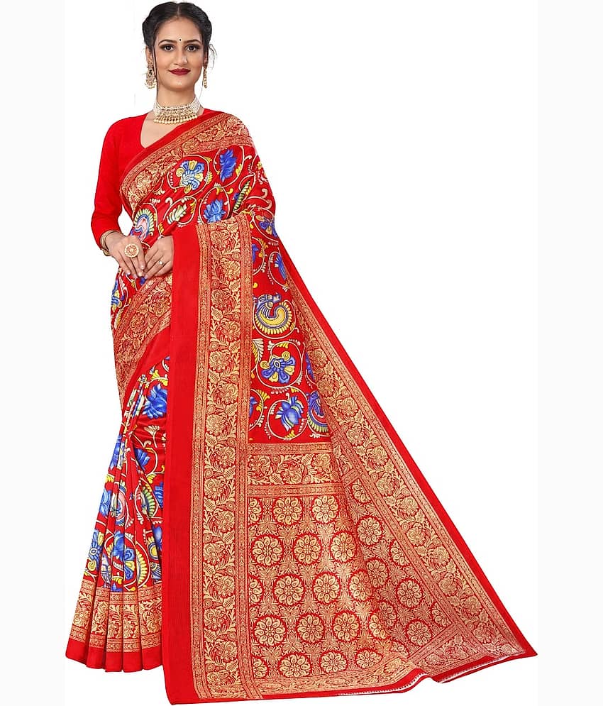 Kanooda Prints Art Silk Printed Saree With Unstitched Blouse Piece ( Green )