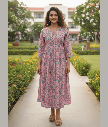 Rajnandini Women Cotton Printed Ethnic Dress ( Pink )